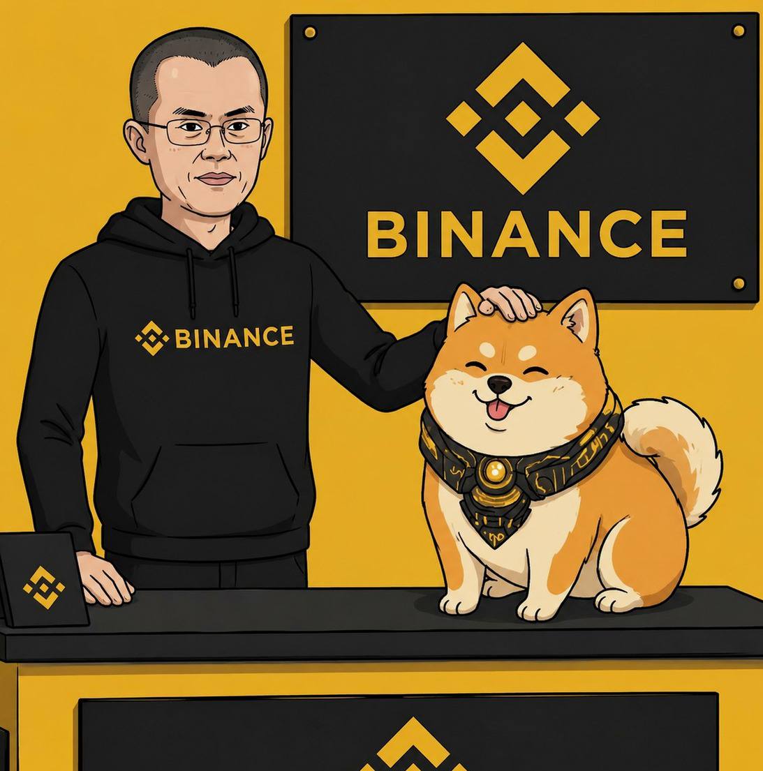 BNBDOGE mascot in a fan-style illustration featuring an exchange-themed backdrop