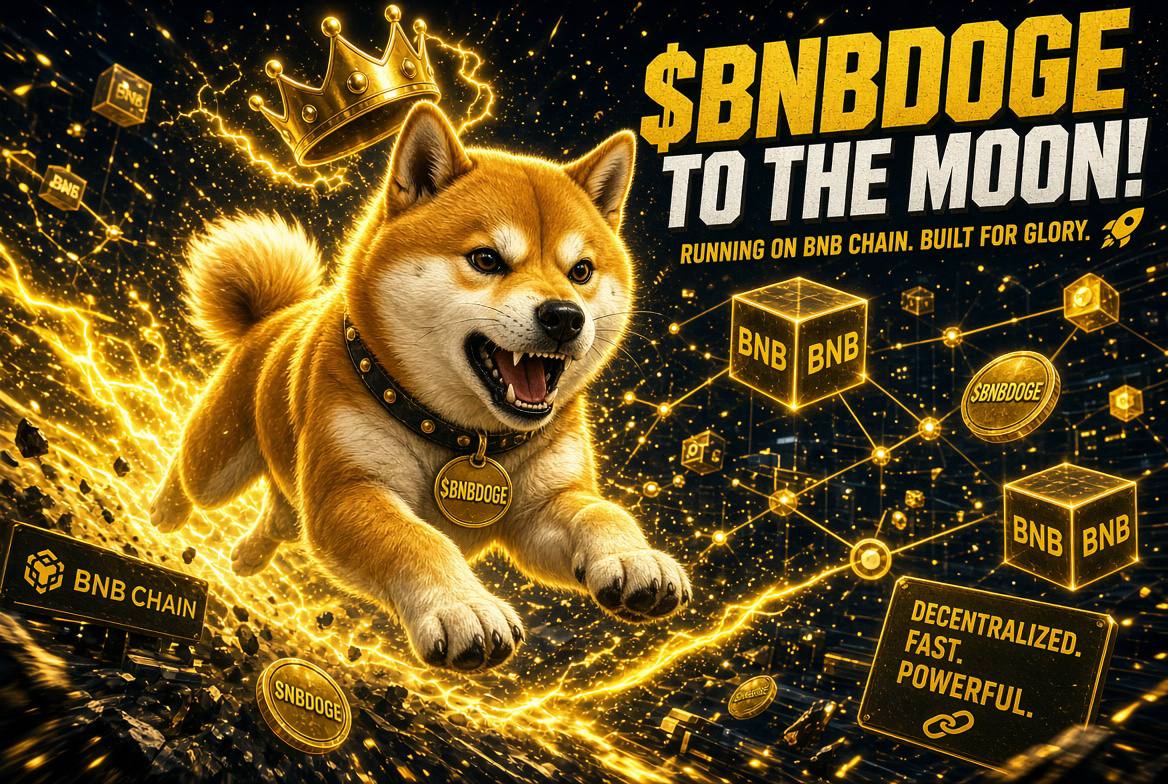 Crowned BNBDOGE mascot racing through a glowing black and gold cosmic landscape