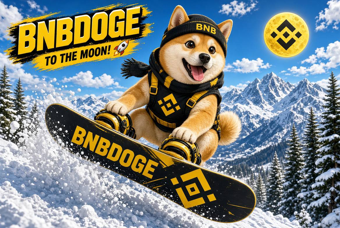 Happy BNBDOGE Shiba snowboarding through mountain snow